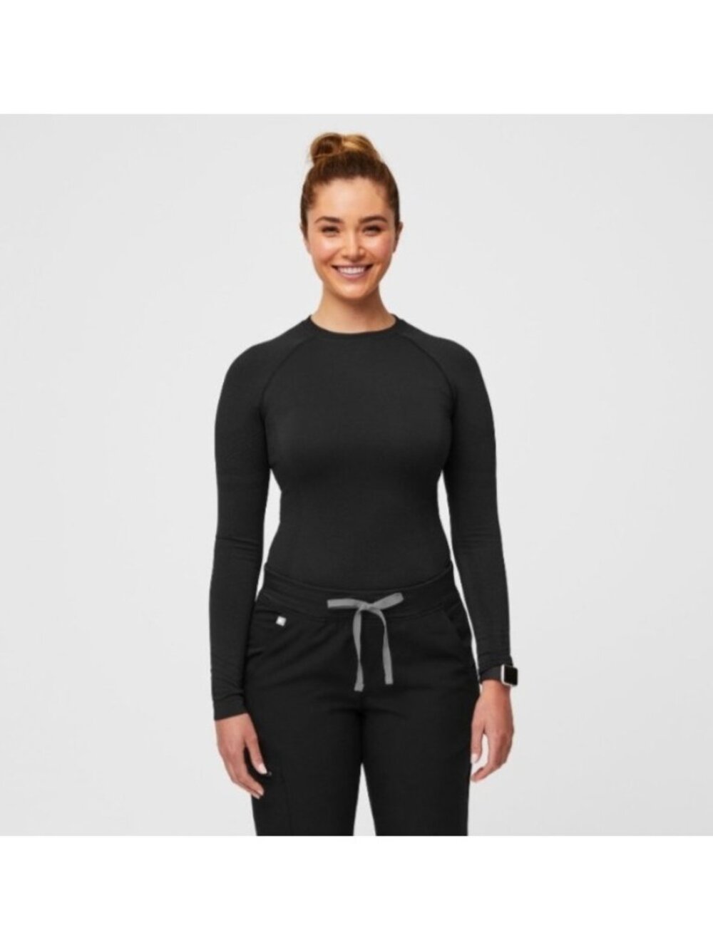 Figs Salta Seamless Long-Sleeve Underscrub Top Black Large Stretchy Healthcare